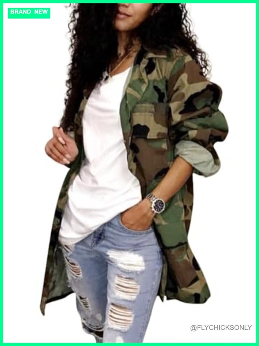 Womens Camo Jacket Polyester Spandex Open Front Military Trench Coat Plus Size